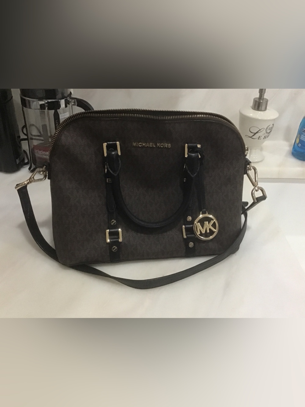 Michael Kors Dark Brown Logo Dome Satchel with Gold Hardware